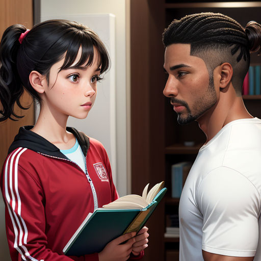 a man and a woman are standing in a room with books in their hands and looking at each other
