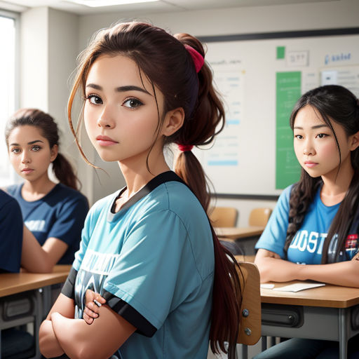a group of young girls sitting at desks in a classroom with their arms crossed and looking at the camera