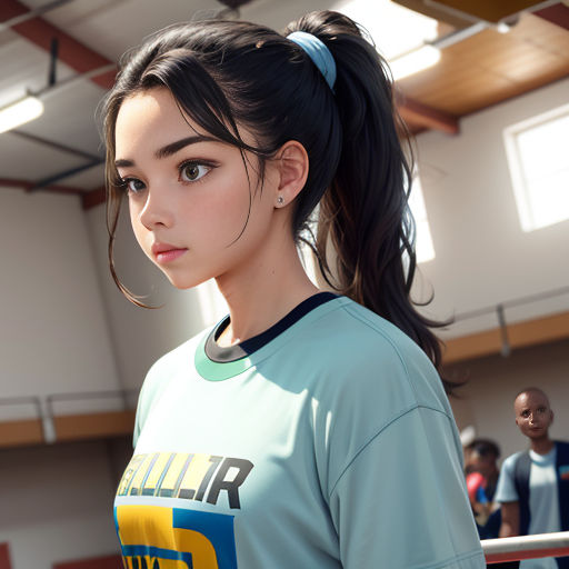 a girl with a ponytail standing in a gym with other people in the background and a ball hoop in the air