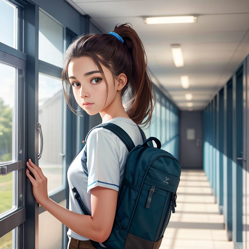 a girl with a backpack is looking out the window of a hallway with a backpack on her shoulder and a ponytail