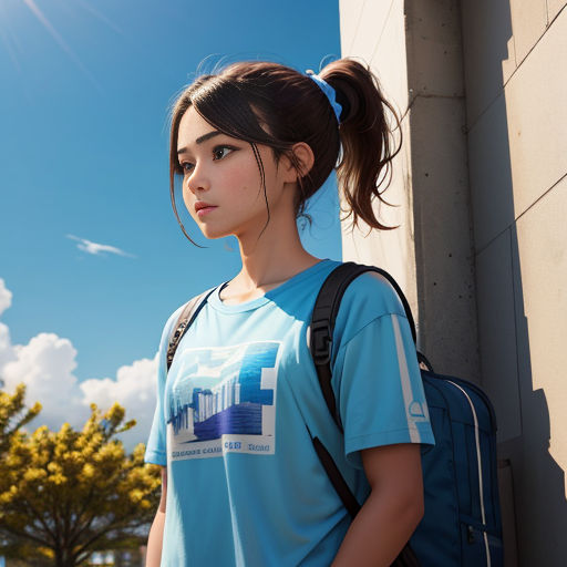 a girl with a ponytail standing next to a building with a backpack on her shoulder and a blue shirt on