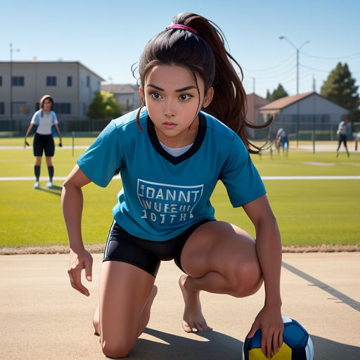 a girl in a blue shirt is holding a soccer ball and crouching down on the ground with a soccer ball in her hand