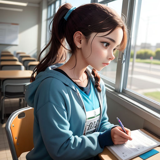 a girl sitting at a desk writing on a piece of paper with a pen in her hand and looking out a window