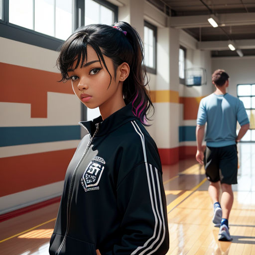 a girl in a black jacket and a man in a blue shirt in a gym with a basketball court