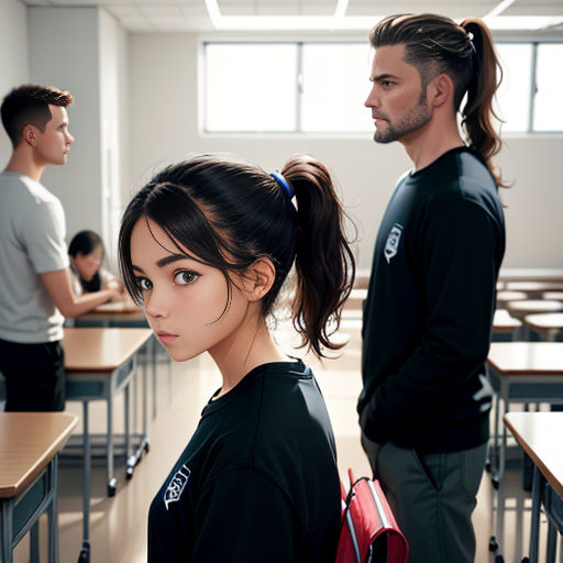 a man and a woman standing in a classroom with desks and chairs, one of them has a ponytail
