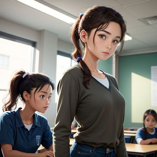 a woman standing in front of a classroom with other children in the background and a woman standing behind her