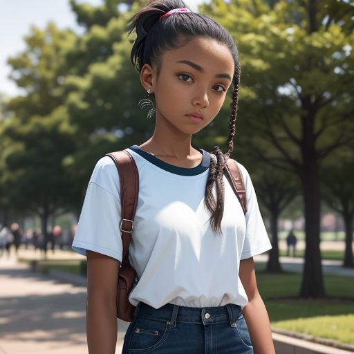 a girl with a ponytail standing on a sidewalk with a backpack on her shoulder and a white shirt on