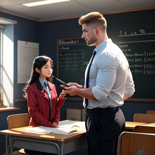 a man and a woman standing in front of a desk in a classroom with a chalkboard on the wall