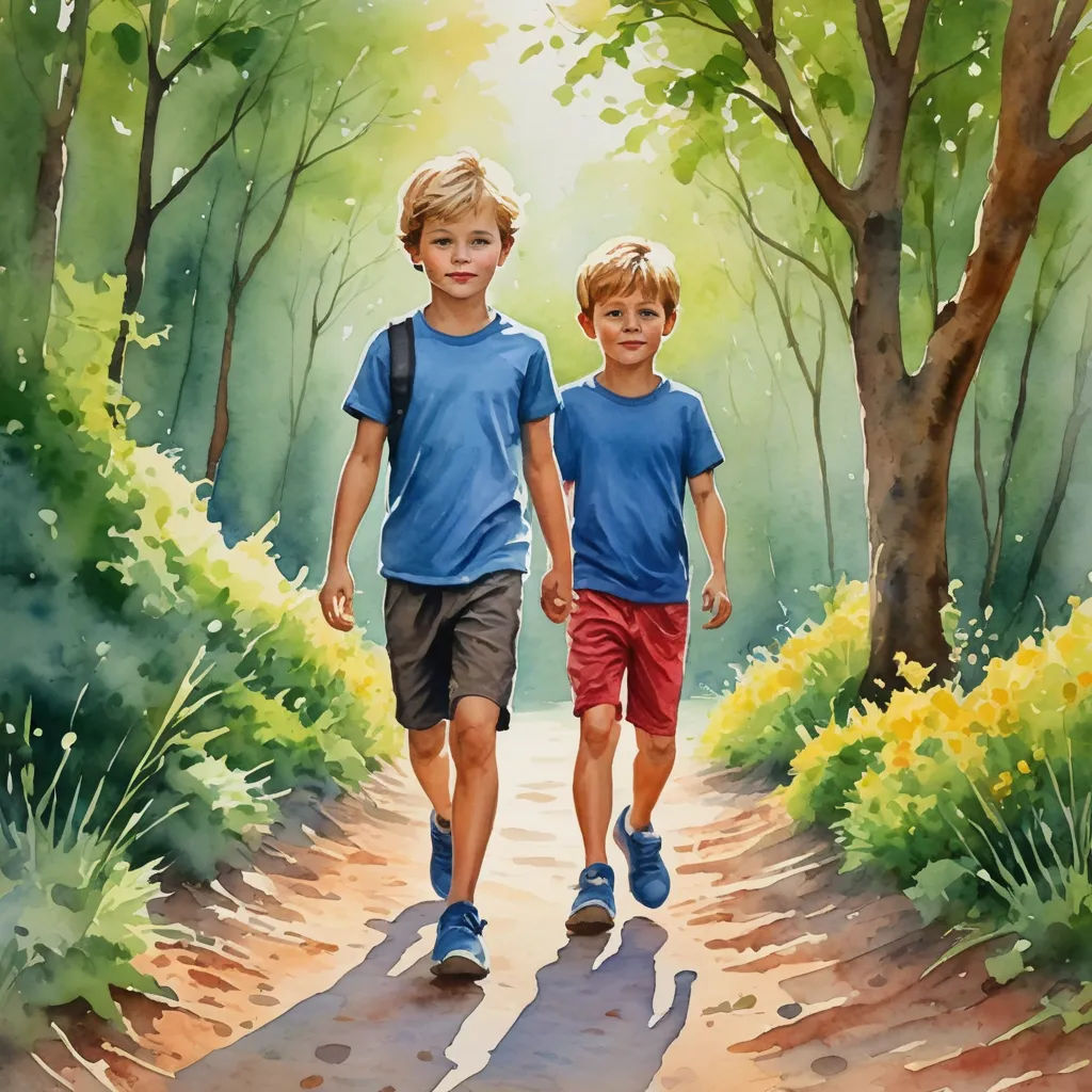 two boys walking down a path in the woods together, one is holding the hand of the other's hand, american scene painting, a watercolor painting, Brothers Hildebrandt, in gouache detailed paintings