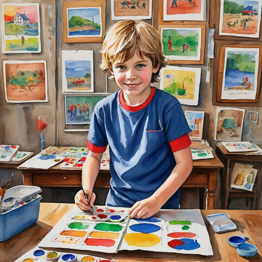 a painting of a boy with a paintbrush and palettes in front of him on a table with a bunch of paintings, american scene painting, an ultrafine detailed painting, David Brewster, bright studio setting