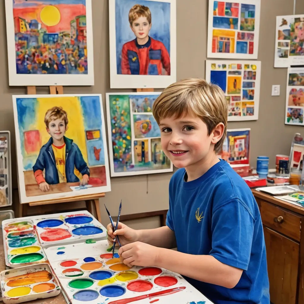 a boy is sitting at a table with a paintbrush and a palette of paint in front of him, naive art, a child's drawing, artist, art station