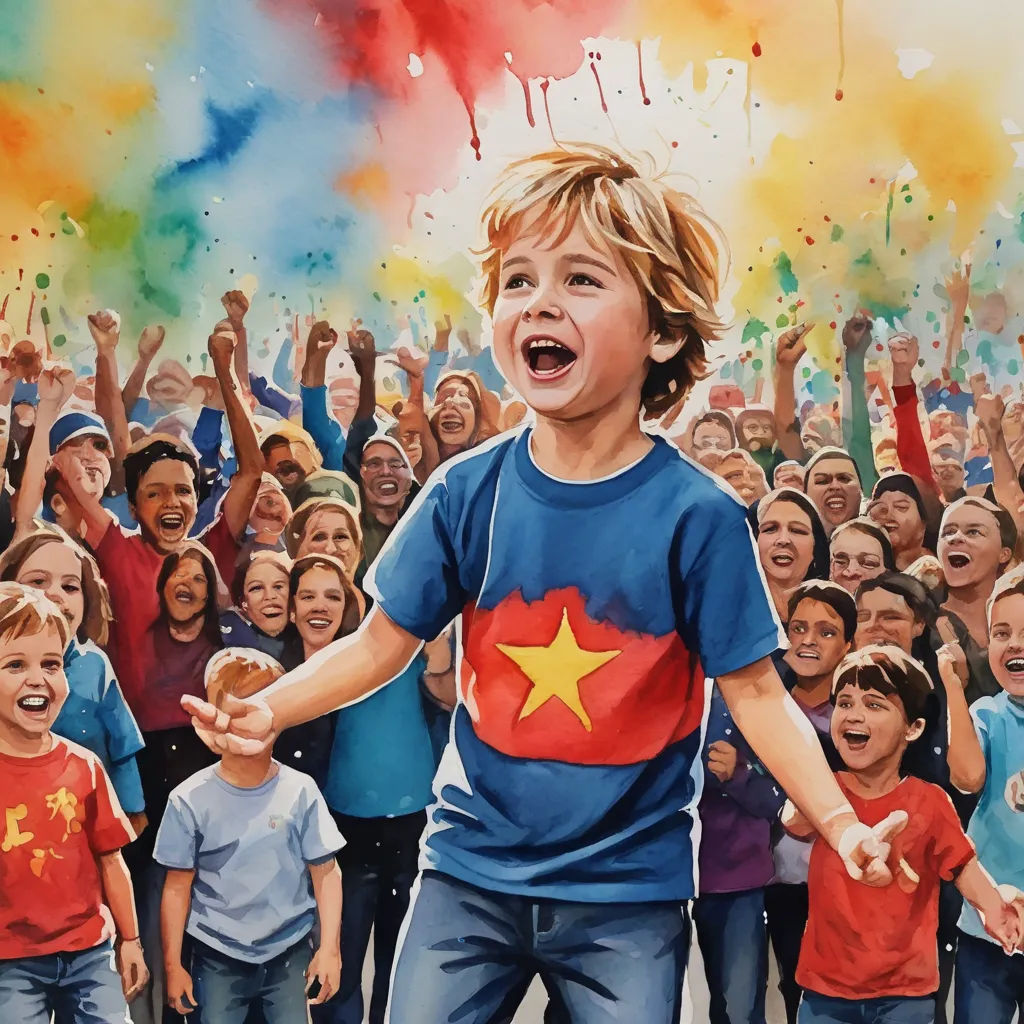 a painting of a boy in a blue shirt with a red star on his shirt and a crowd of children in blue shirts, photorealism, a photorealistic painting, Bob Byerley, in gouache detailed paintings