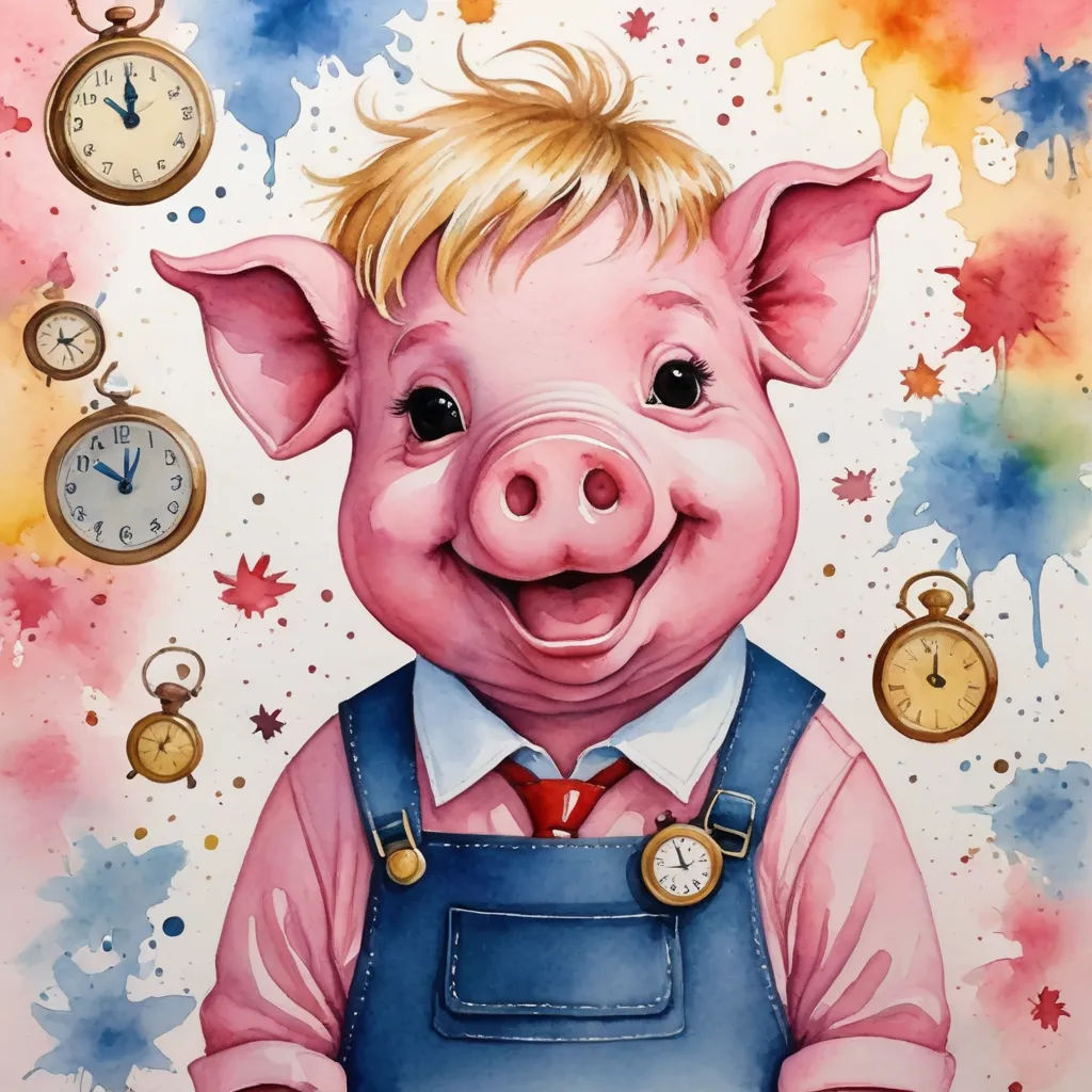 a pig with a tie and a clock in the background is a painting of a pig with a tie and clock in the background is a painting of a, lyco art, a watercolor painting, Diego Gisbert Llorens, in gouache detailed paintings