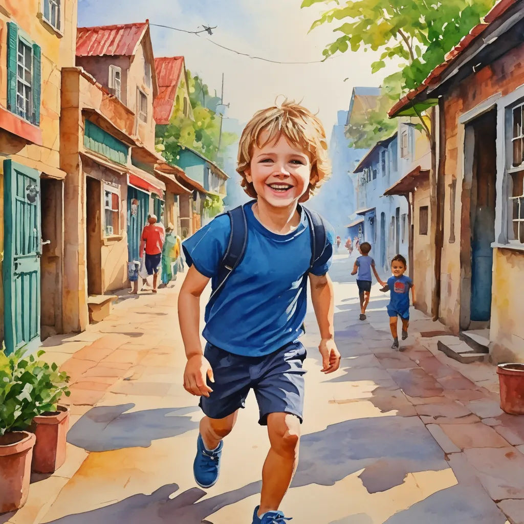 a painting of a boy running down a street with a blue shirt on and a blue shirt on and a blue shirt on, american scene painting, a watercolor painting, Colin Middleton, in gouache detailed paintings