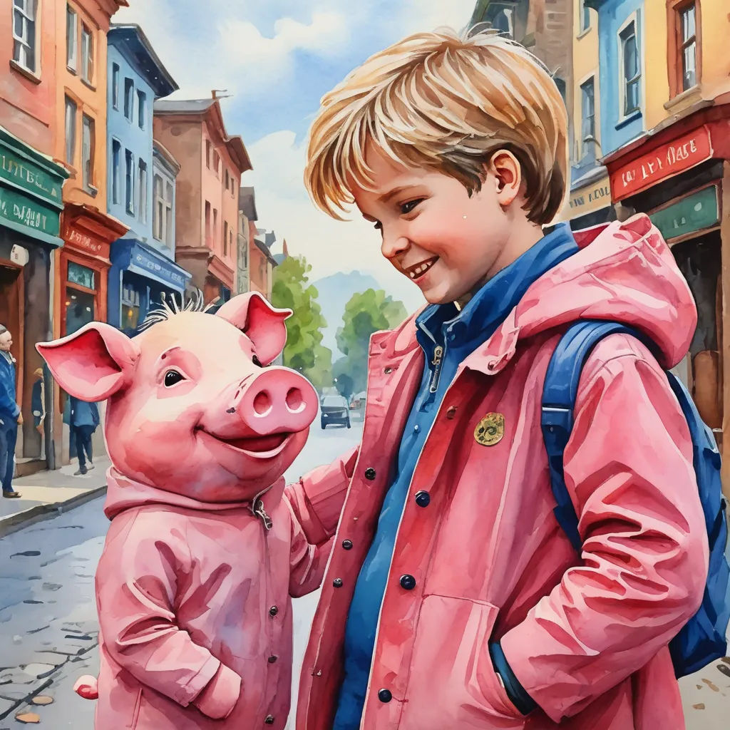 a painting of a boy holding a pig in a pink jacket and a pig in a blue jacket on a city street, american scene painting, a storybook illustration, Bob Byerley, in gouache detailed paintings