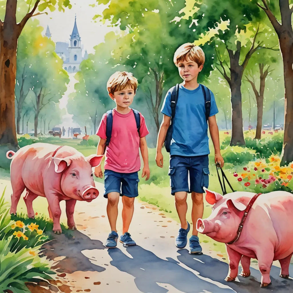 a painting of two boys walking pigs down a path in a park with a castle in the background and flowers in the foreground, american realism, a storybook illustration, F Scott Hess, in gouache detailed paintings