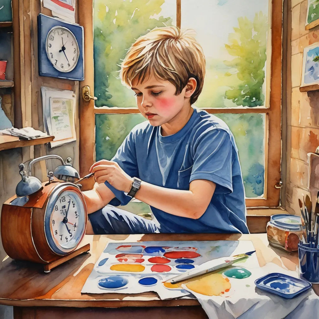 a painting of a boy painting a clock on a table with paint and watercolors on it and a window behind him, american scene painting, a photorealistic painting, David Brewster, detailed painting