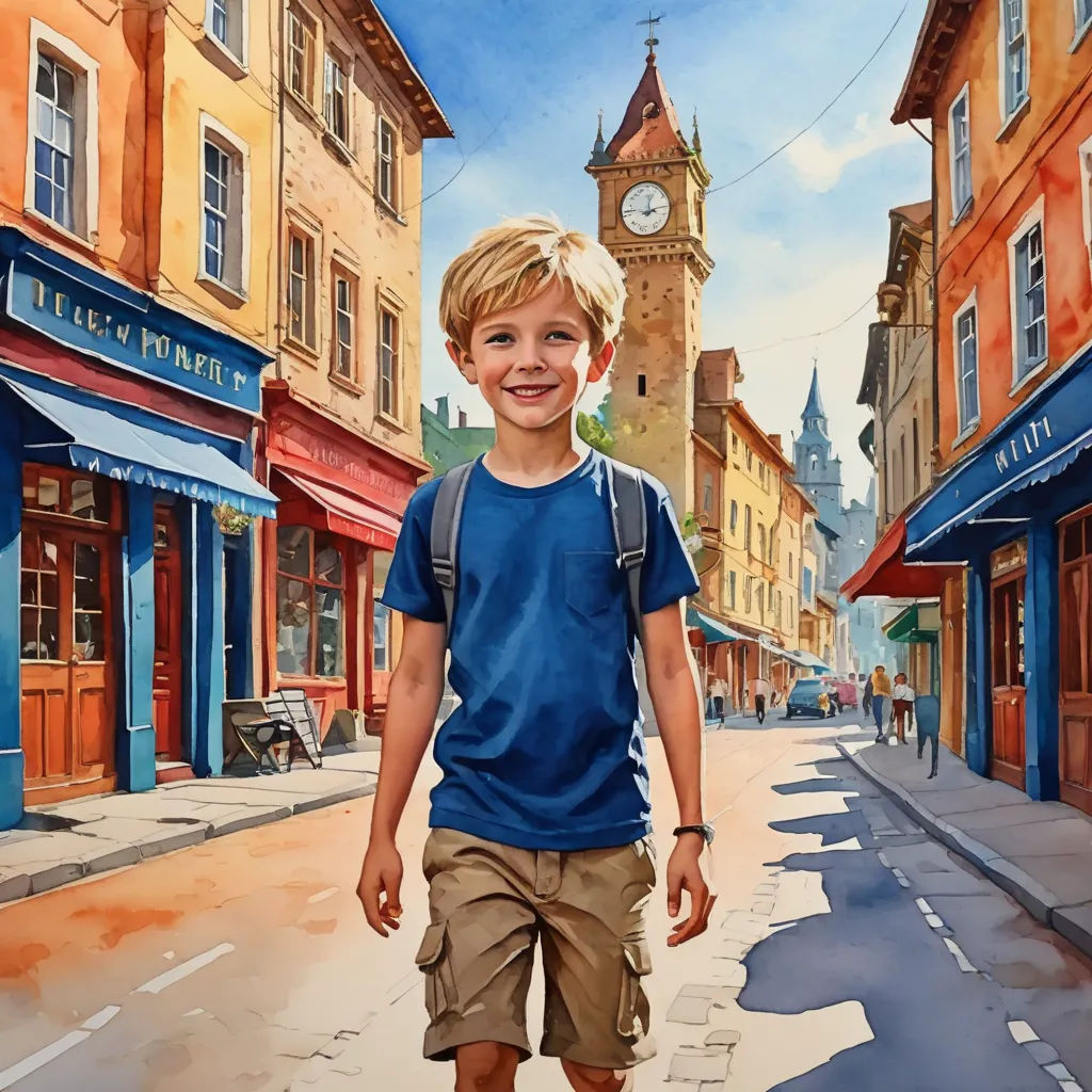 a painting of a boy walking down a street in a town with a clock tower in the background and a building with a clock on it, american scene painting, an ultrafine detailed painting, Eric Deschamps, in gouache detailed paintings