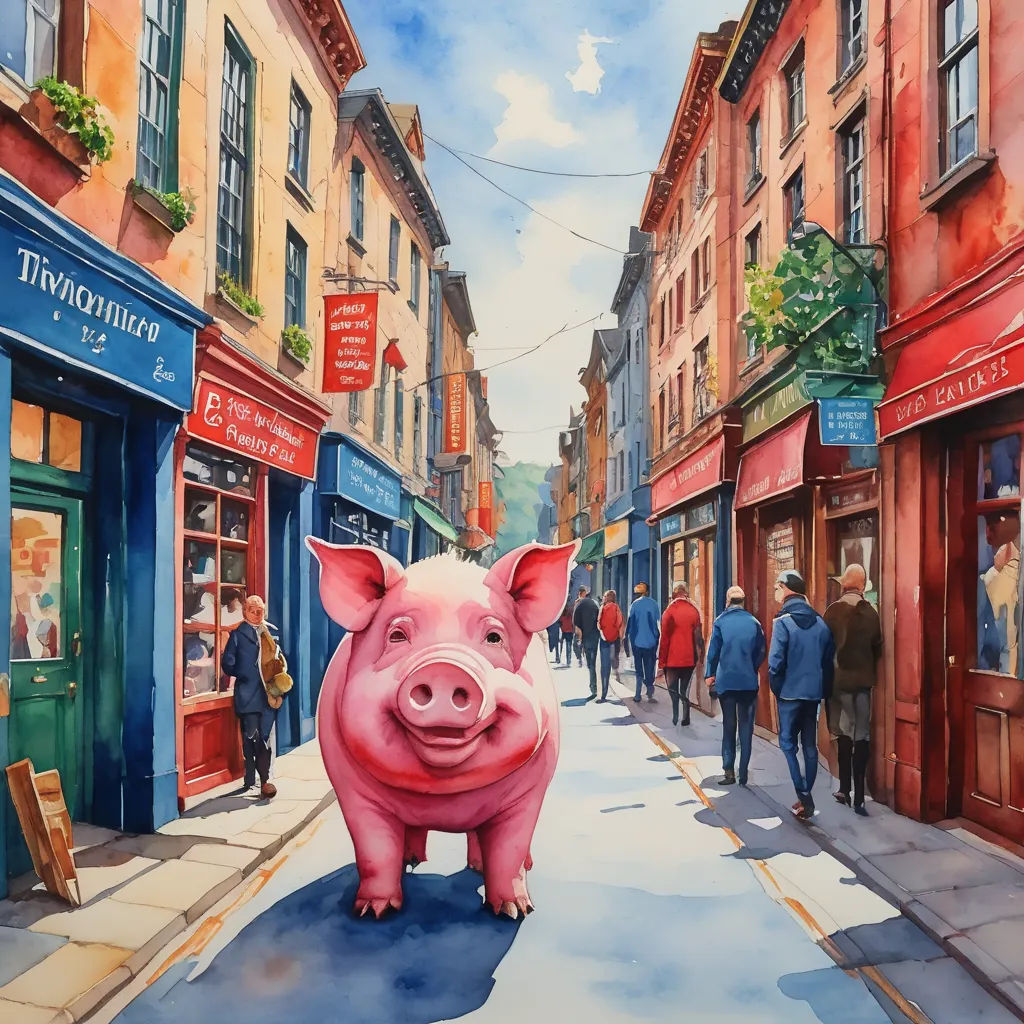 a pig is standing in the middle of a street in a town with people walking by it and a storefront, modern european ink painting, a watercolor painting, David Roberts, in gouache detailed paintings