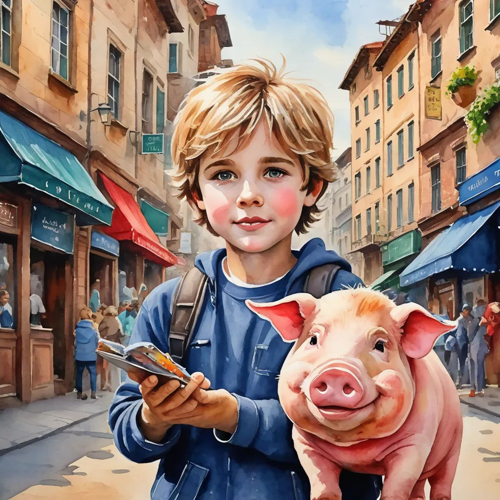 a painting of a boy holding a pig in a city street with people walking by and shops on the side, photorealism, a storybook illustration, Bob Byerley, highly detailed digital painting