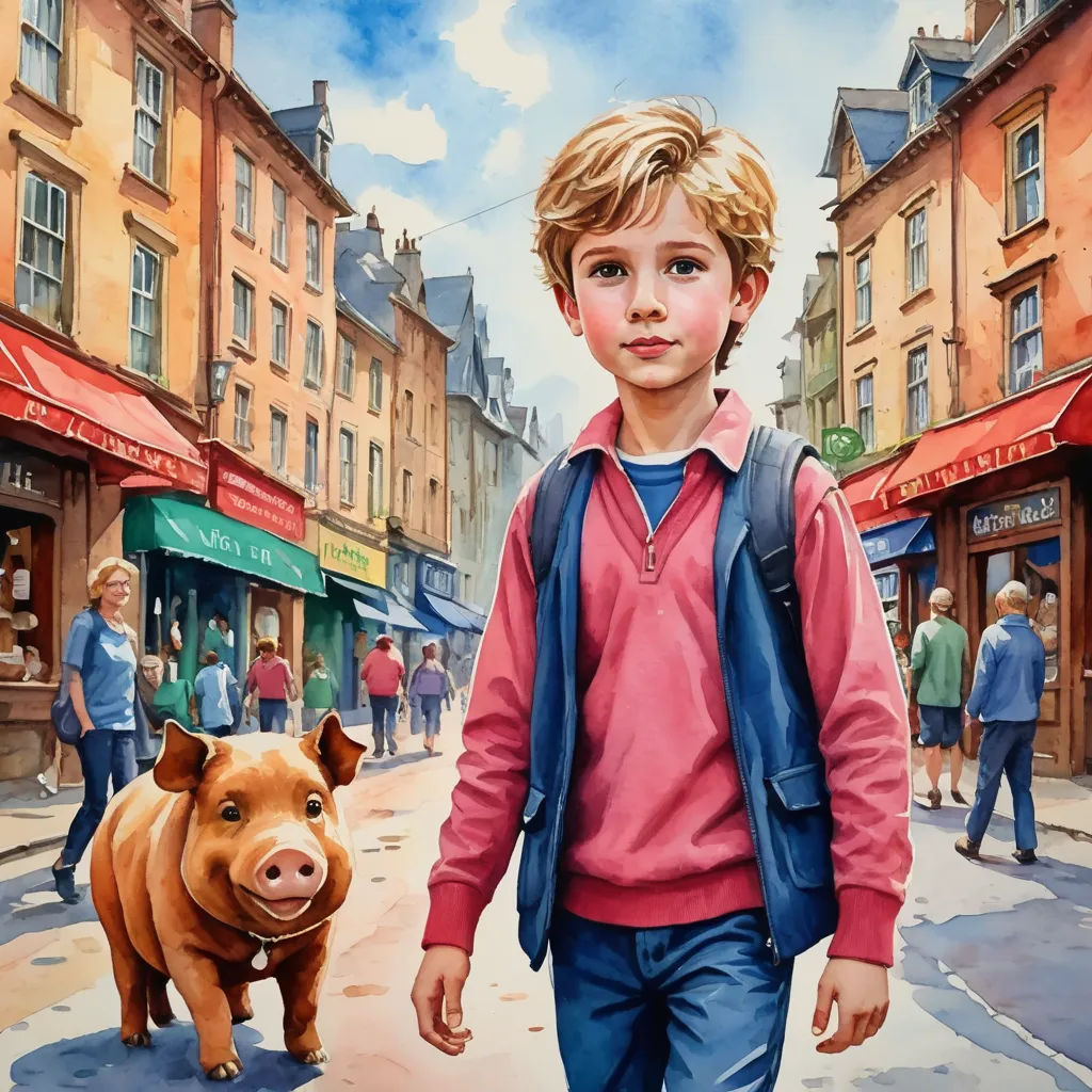 a painting of a boy walking down a street with a pig in front of him and people walking on the sidewalk, fantastic realism, a storybook illustration, Bob Byerley, in gouache detailed paintings