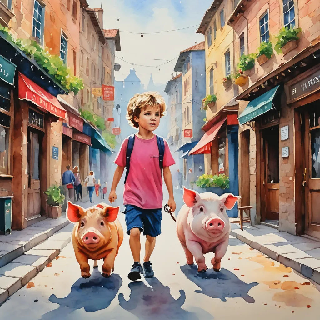 a painting of a boy walking two pigs down a street in a town with buildings and people in the background, figurative art, a storybook illustration, Chris LaBrooy, in gouache detailed paintings