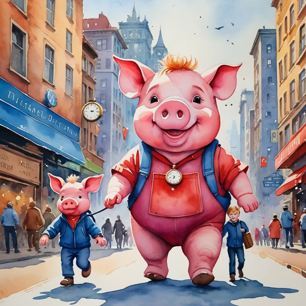 a painting of a pig and a boy walking down a street with a clock on the wall behind them, fantastic realism, a storybook illustration, Chris LaBrooy, trending on art station