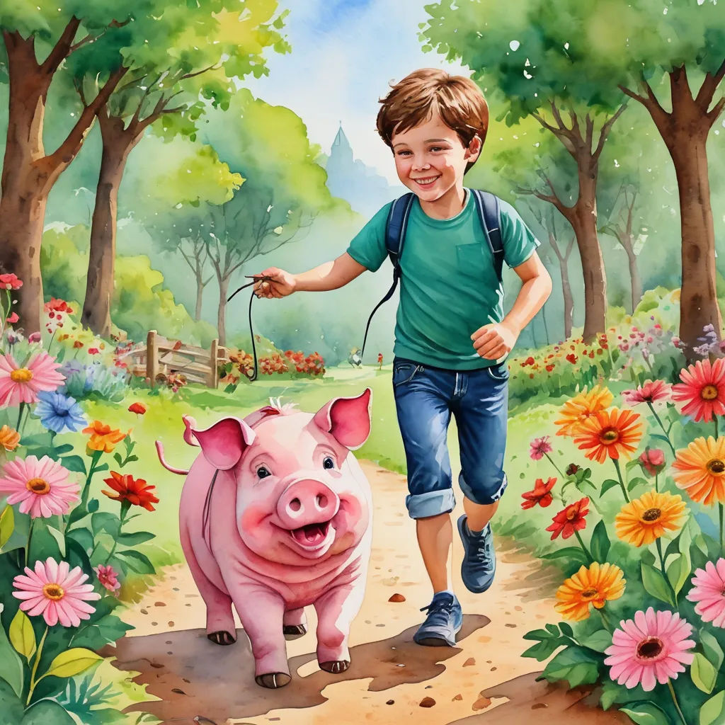 a painting of a boy running with a pig on a path in a flowery field with trees and flowers, sots art, a storybook illustration, Bob Byerley, storybook illustration