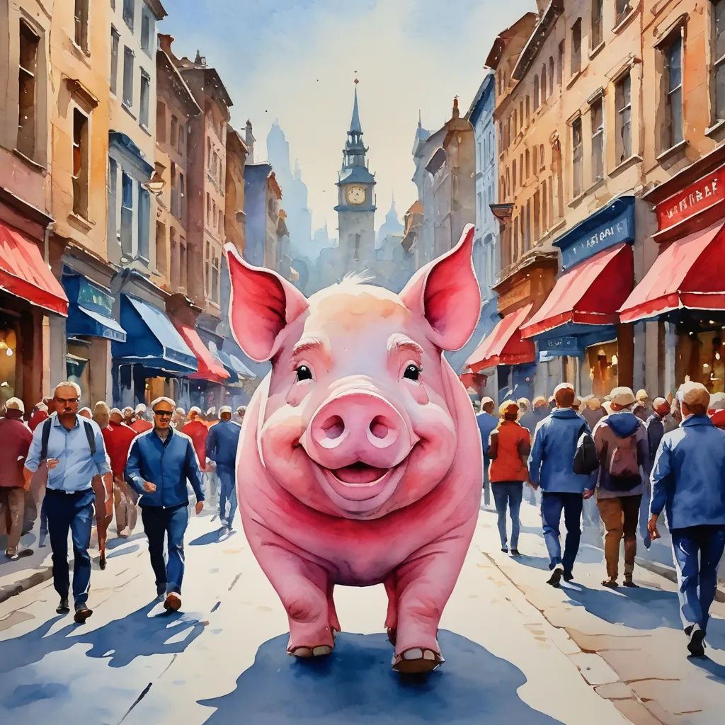 a pig statue is standing in the middle of a busy street with people walking by it and a clock tower in the background, modern european ink painting, an airbrush painting, Darek Zabrocki, in gouache detailed paintings