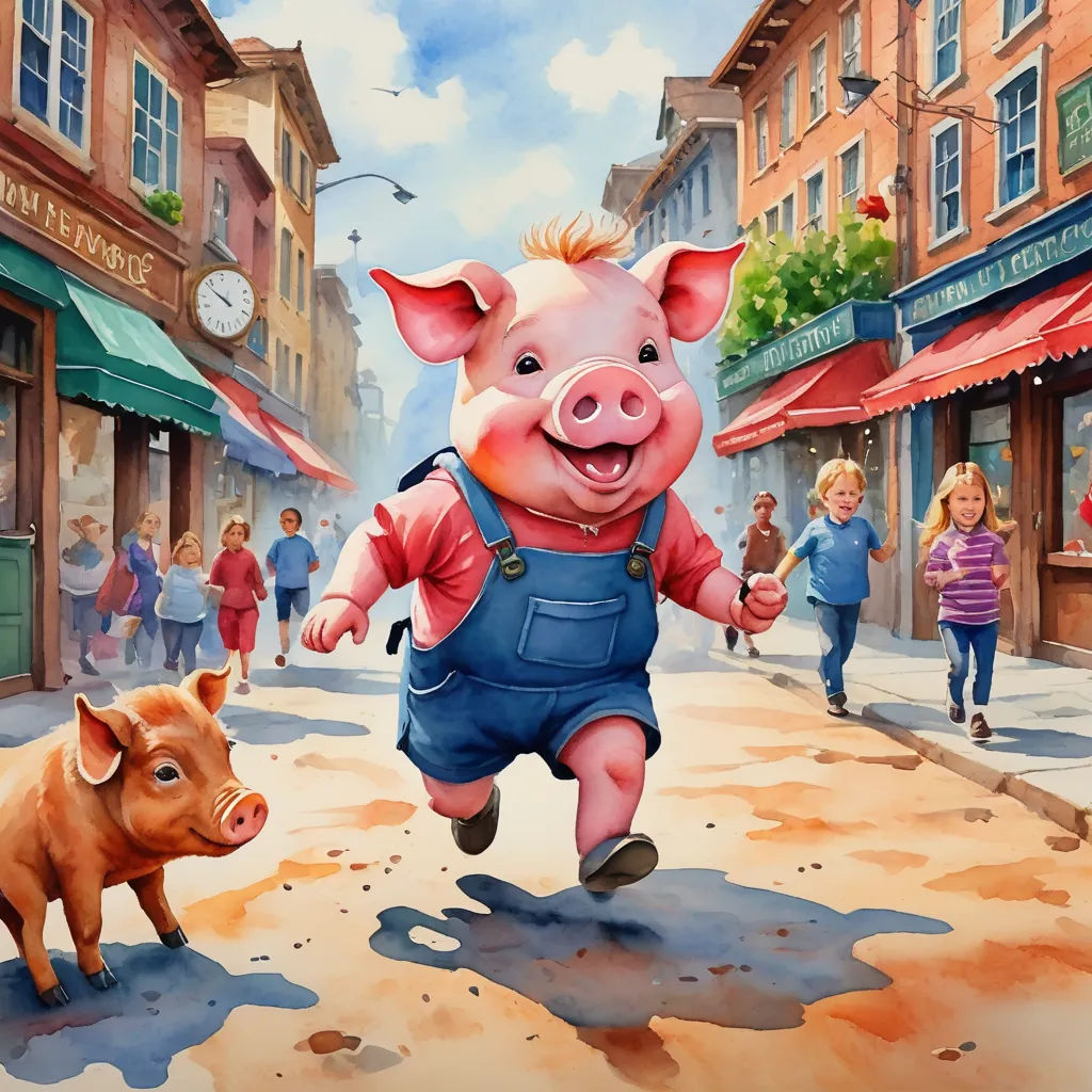 a pig is running down a street with a pig in the foreground and a woman in the background, american scene painting, a storybook illustration, Bob Byerley, in gouache detailed paintings