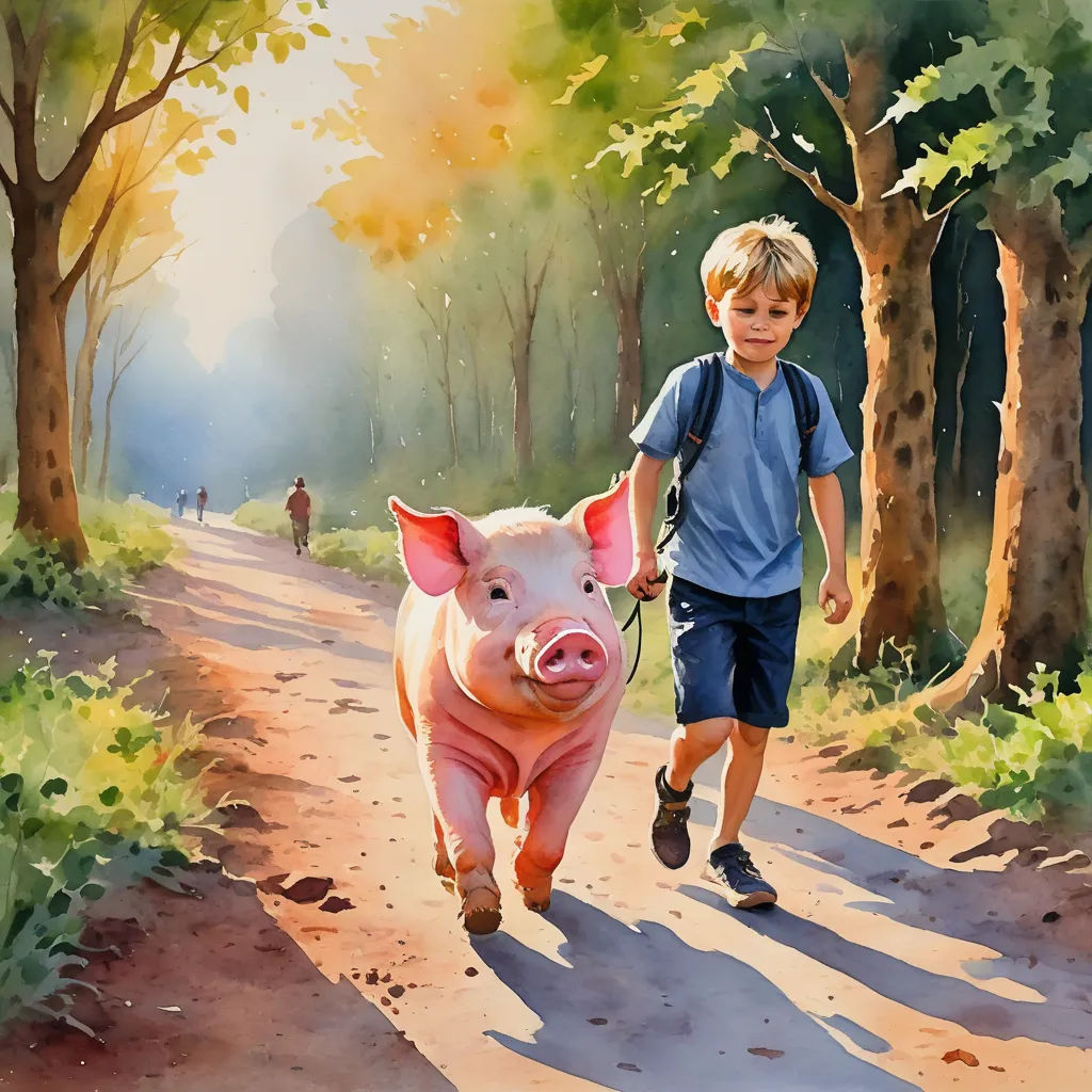a painting of a boy walking a pig on a path in the woods with a backpack on his shoulder, fantastic realism, a storybook illustration, Bob Byerley, in gouache detailed paintings
