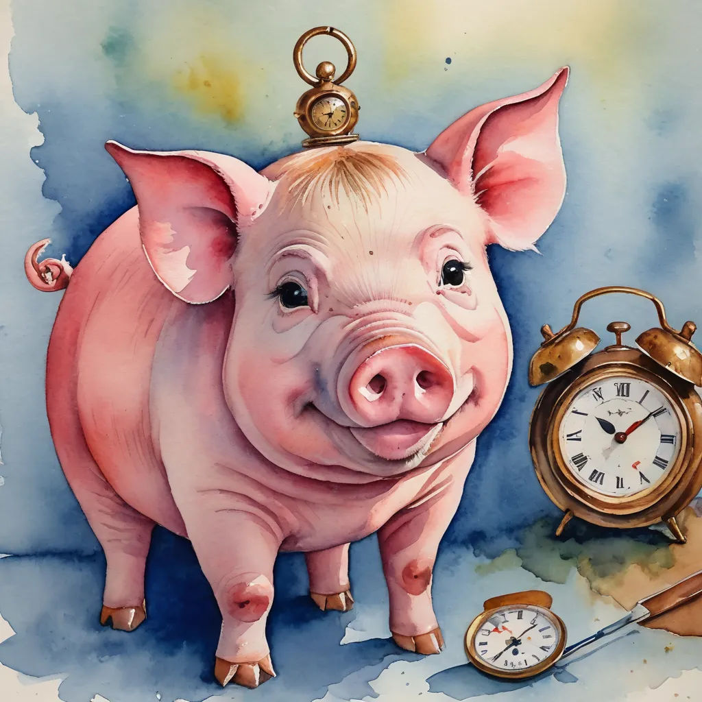 a pig with a clock and a watch on a table top with watercolors on it and a painting of a pig, massurrealism, a watercolor painting, David Martin, in gouache detailed paintings
