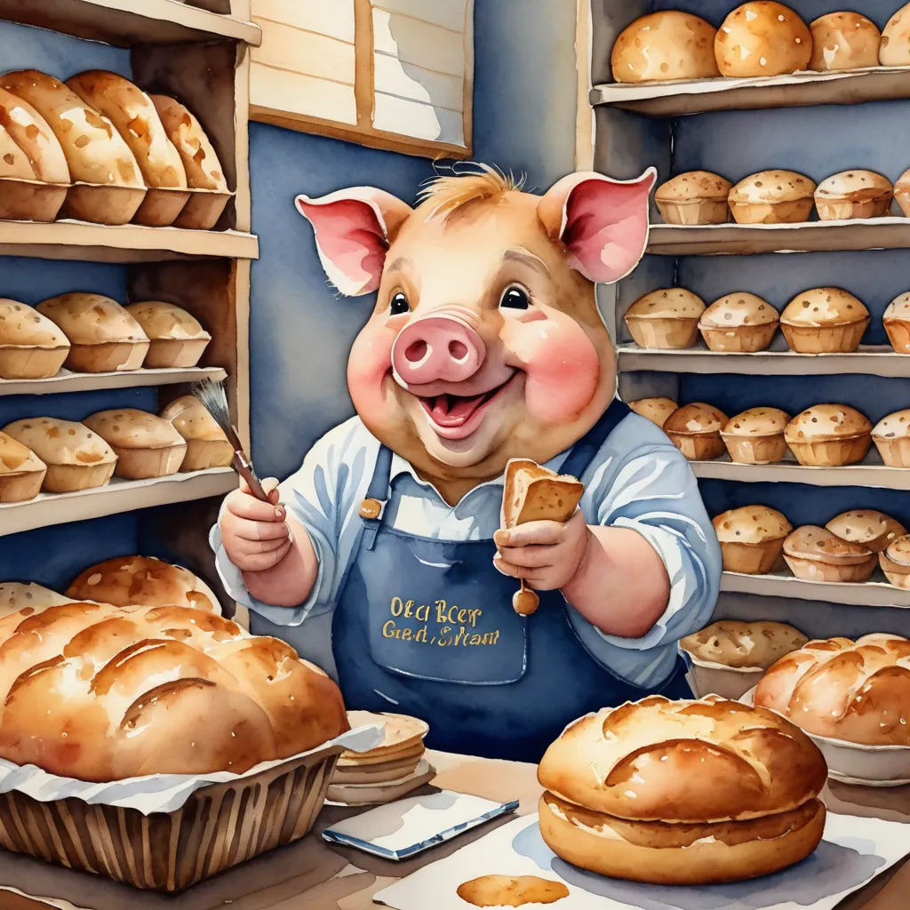 a pig that is standing in front of a table with bread and rolls on it and a knife in his hand, fantasy art, a storybook illustration, Andries Stock, storybook illustration