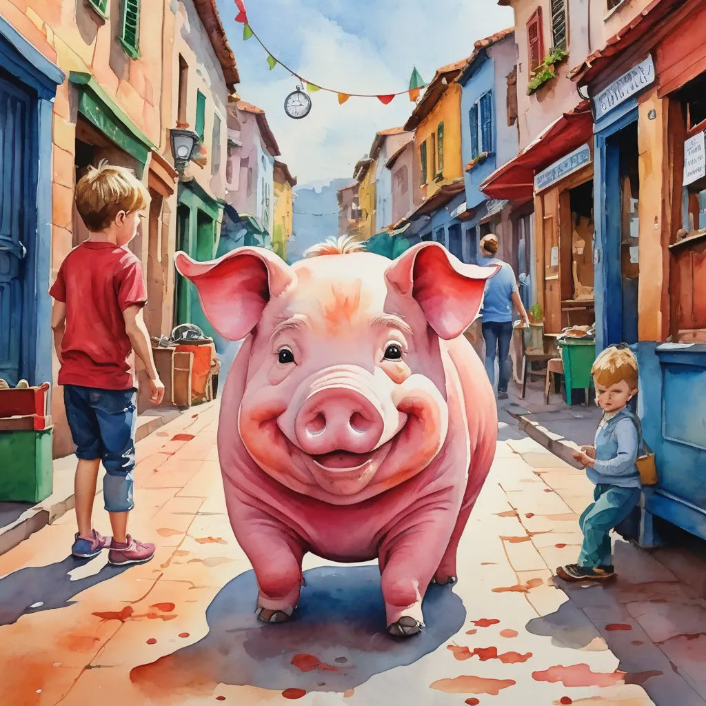 a painting of a pig on a city street with a child looking at it and a man standing next to it, massurrealism, a storybook illustration, Chris LaBrooy, in gouache detailed paintings