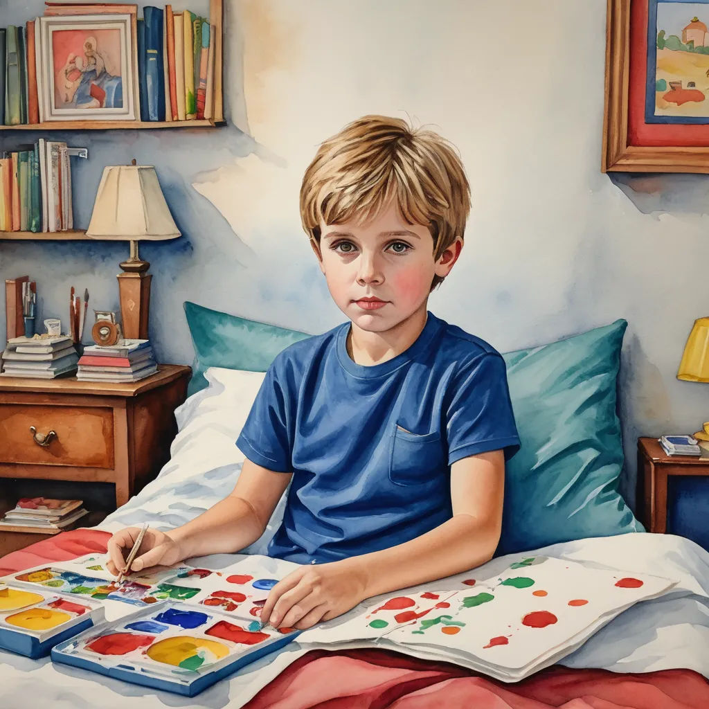 a painting of a boy sitting on a bed with a painting of a boy on the bed with a book, art & language, an ultrafine detailed painting, Aaron Jasinski, bright studio setting