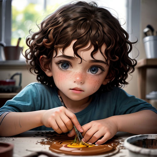 a young boy is eating a chocolate dessert with a spoon and fork in his hand and looking at the camera