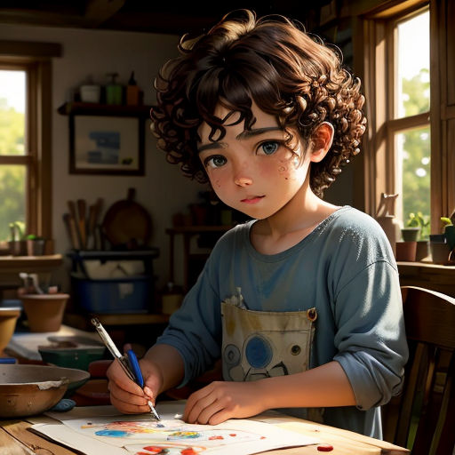 a young boy is sitting at a table with a painting on it and a pen in his hand and a bowl of flowers in the background
