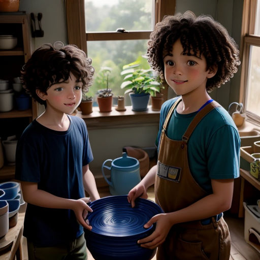 two children holding a blue bowl in a kitchen with pots and pots on the counter and a window behind them