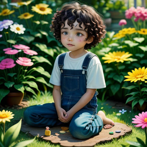 a young boy sitting on a patch of grass in front of a flower garden with lots of flowers around him