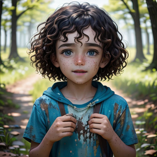 a young boy with freckles on his face and a backpack in his hands stands in a forest
