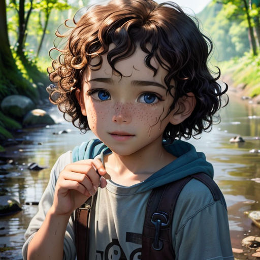 a young boy with freckles and a backpack standing in a stream of water with trees in the background