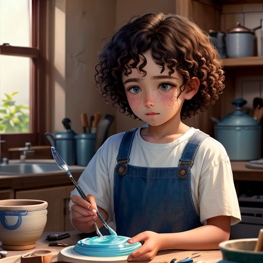 a young boy is painting a bowl with a knife and fork in a kitchen with a window in the background