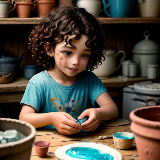 a little girl sitting at a table with a blue substance on her face and hands in front of her