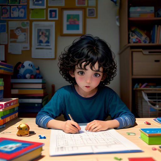 a little boy sitting at a table with a book and a pen in his hand and a book in front of him