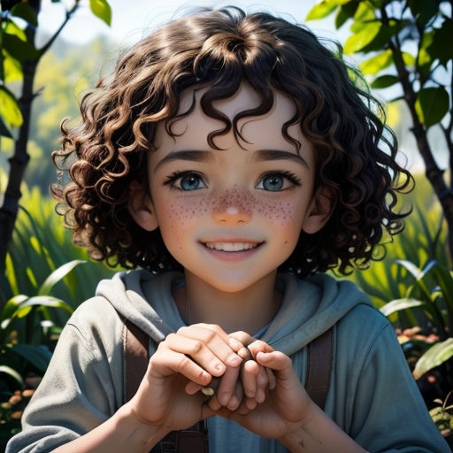 a young boy with freckles on his face and hands in front of him is a forest of trees and bushes