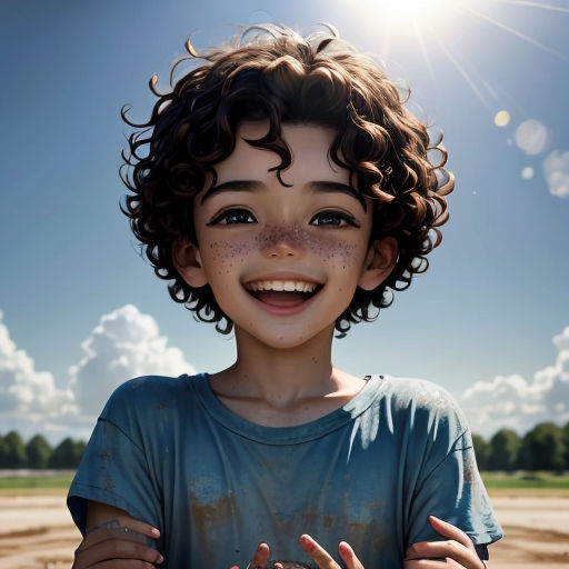 a young boy with freckles on his face and hands holding a ball in front of him, smiling