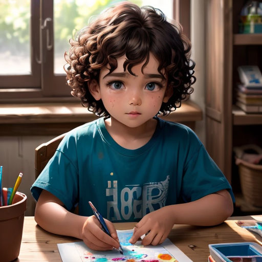 a little boy sitting at a table with a painting and a cup of pencils in front of him