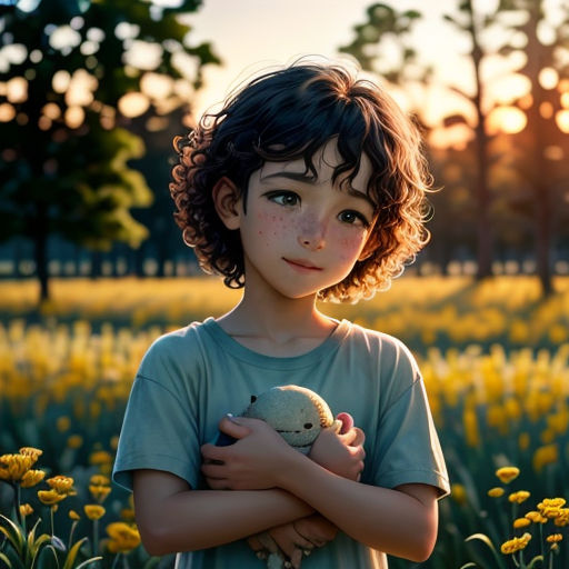a young boy holding a bird in a field of flowers at sunset with the sun shining on him and trees in the background
