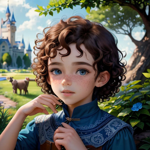 a young girl is standing in front of a castle and a field with animals and trees, and a blue sky with clouds