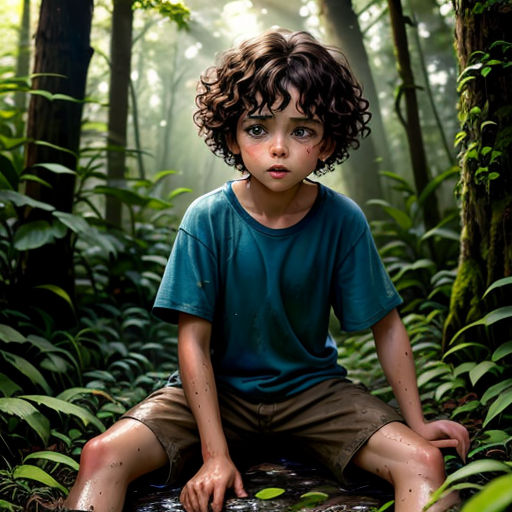a boy sitting on a rock in the middle of a forest with a forest background and sunlight streaming through the trees